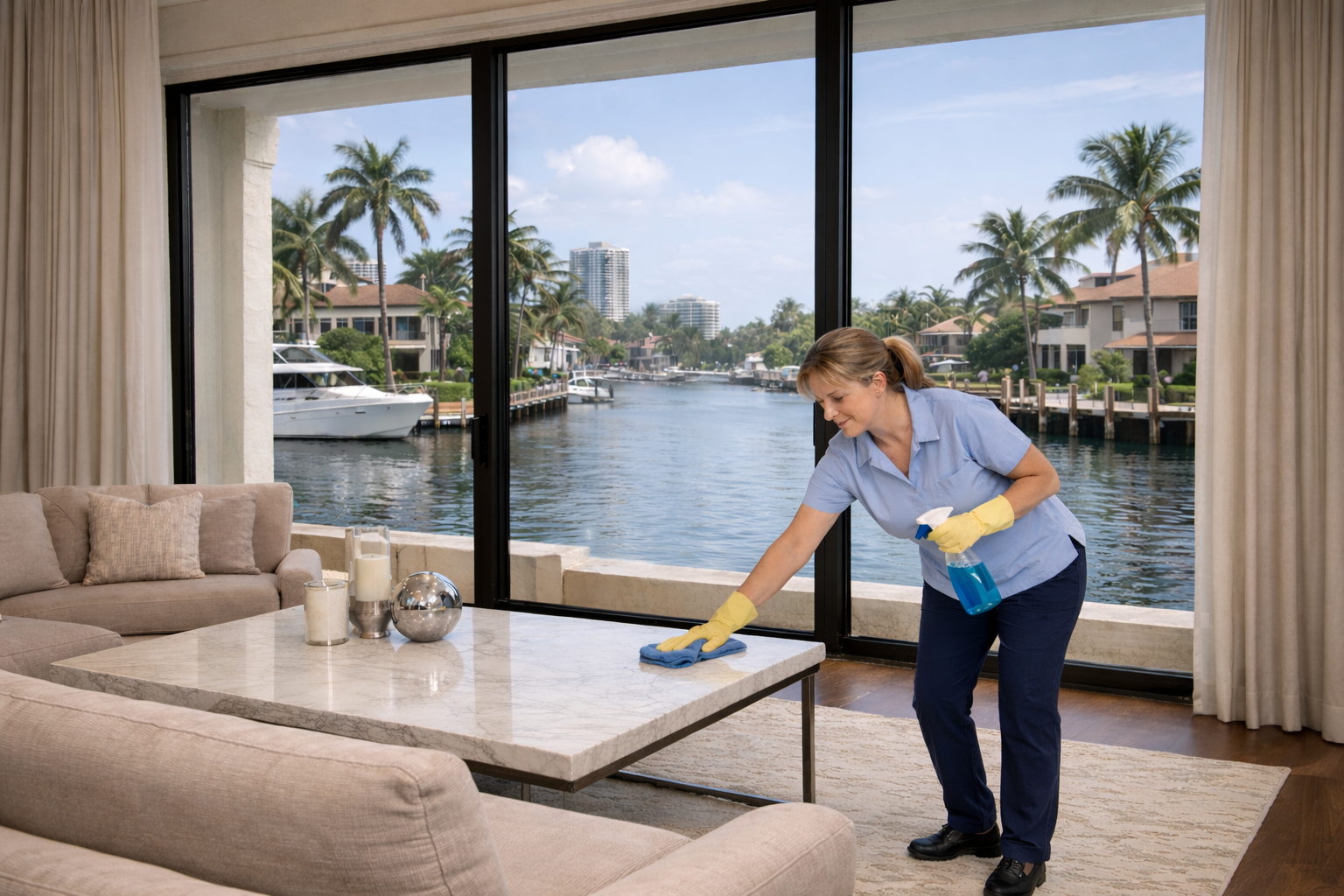Professional cleaning team at work in luxury home